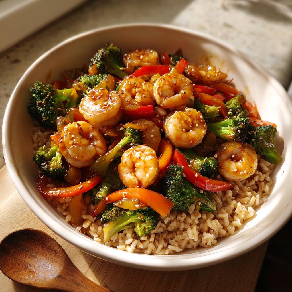 Bowl of shrimp and veggie stir fry with broccoli, bell peppers, and brown rice topped with sesame seeds.