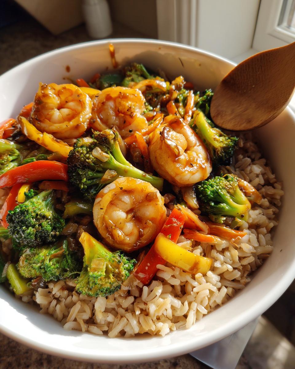 Bowl of shrimp and veggie stir fry with brown rice, broccoli, bell peppers, and carrots.