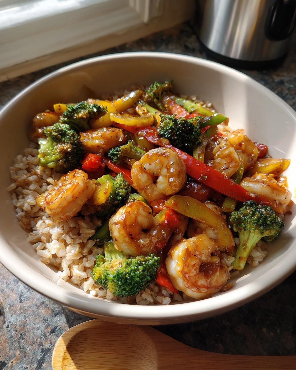 Bowl of shrimp and veggie stir fry with broccoli, bell peppers, and brown rice