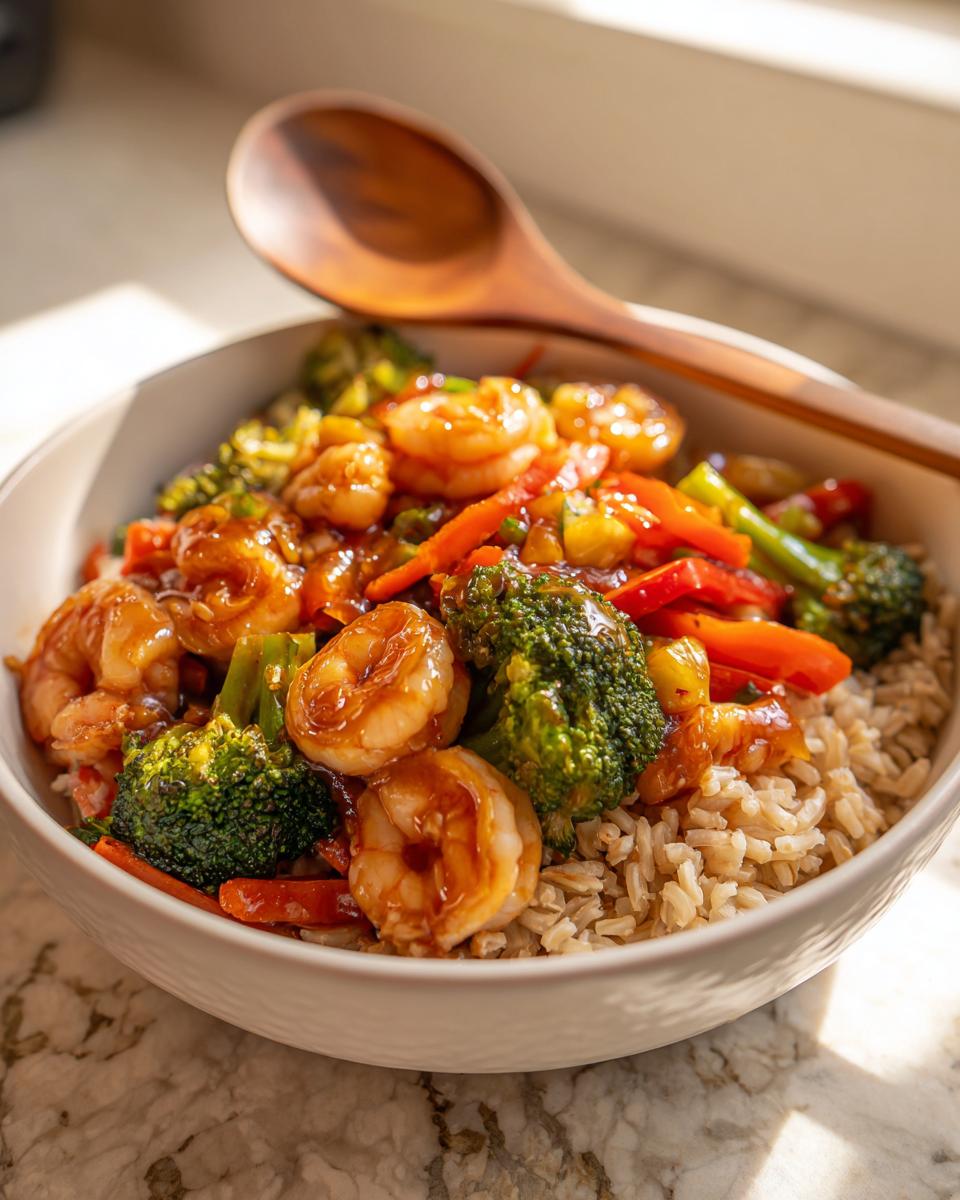 Bowl of shrimp and veggie stir fry with brown rice and wooden spoon