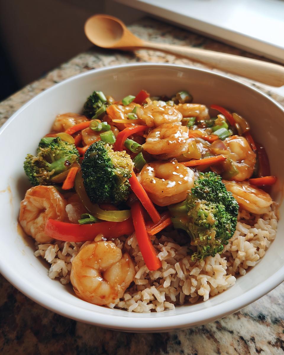 Bowl of shrimp and veggie stir fry with brown rice, broccoli, red bell peppers, and green onions