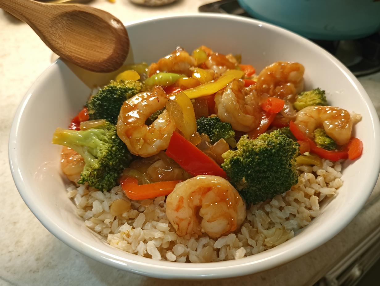 Bowl of shrimp and veggie stir fry with broccoli, bell peppers, and brown rice