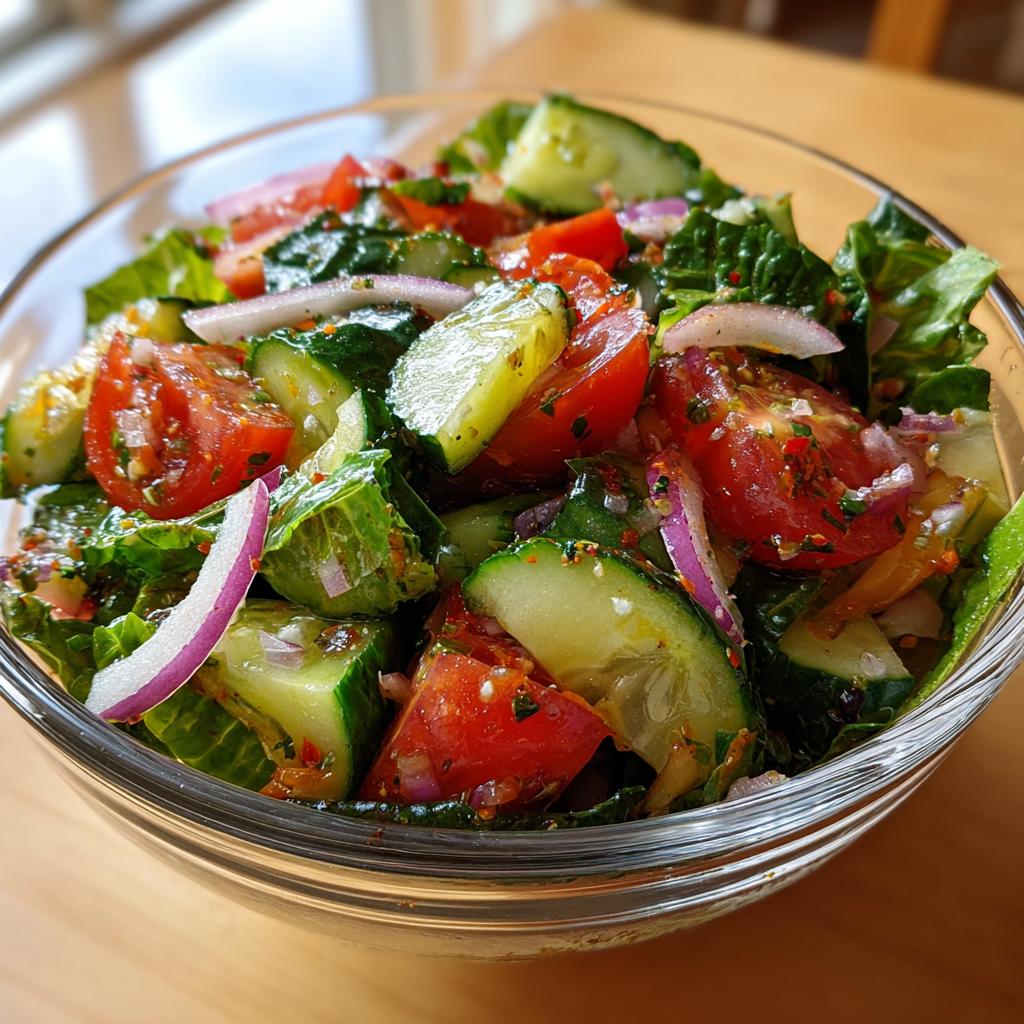 Bowl of simple garden salad with cucumbers, tomatoes, red onions, and homemade vinaigrette