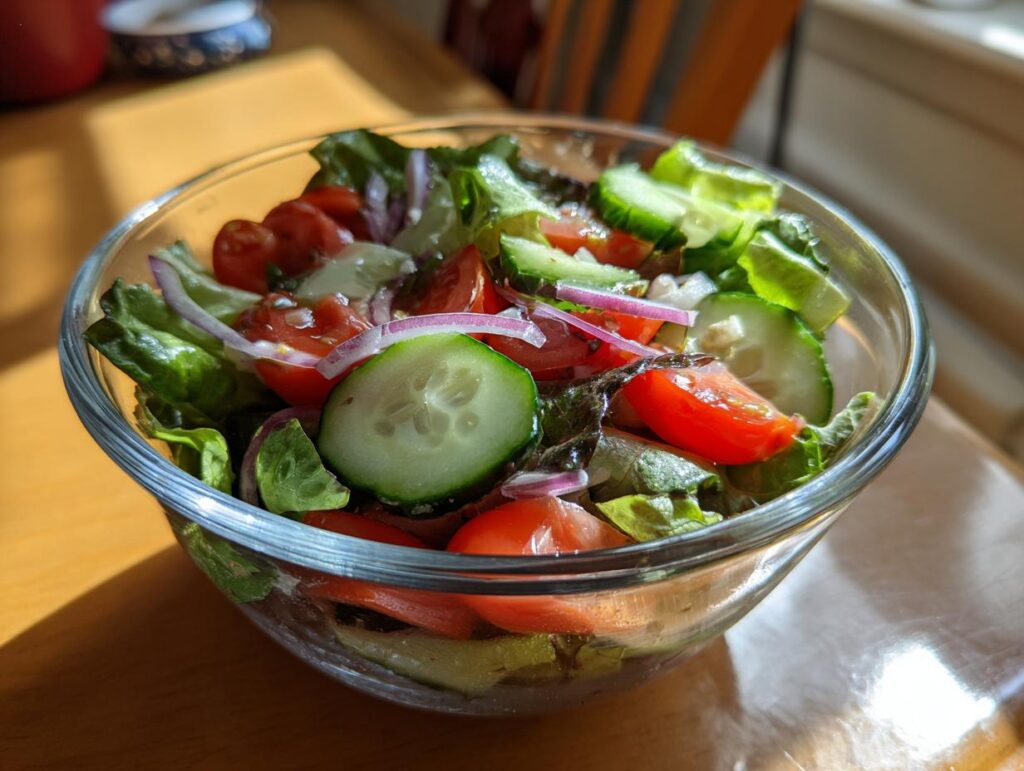 Fresh simple garden salad with homemade vinaigrette in a clear glass bowl on wooden table