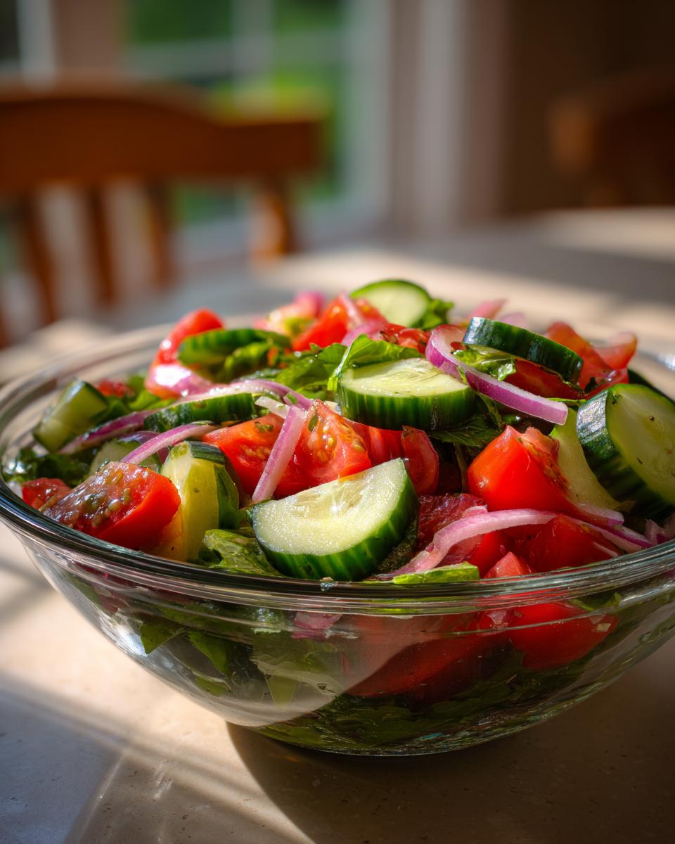 Bowl of simple garden salad with cucumbers, tomatoes, red onions, and greens.