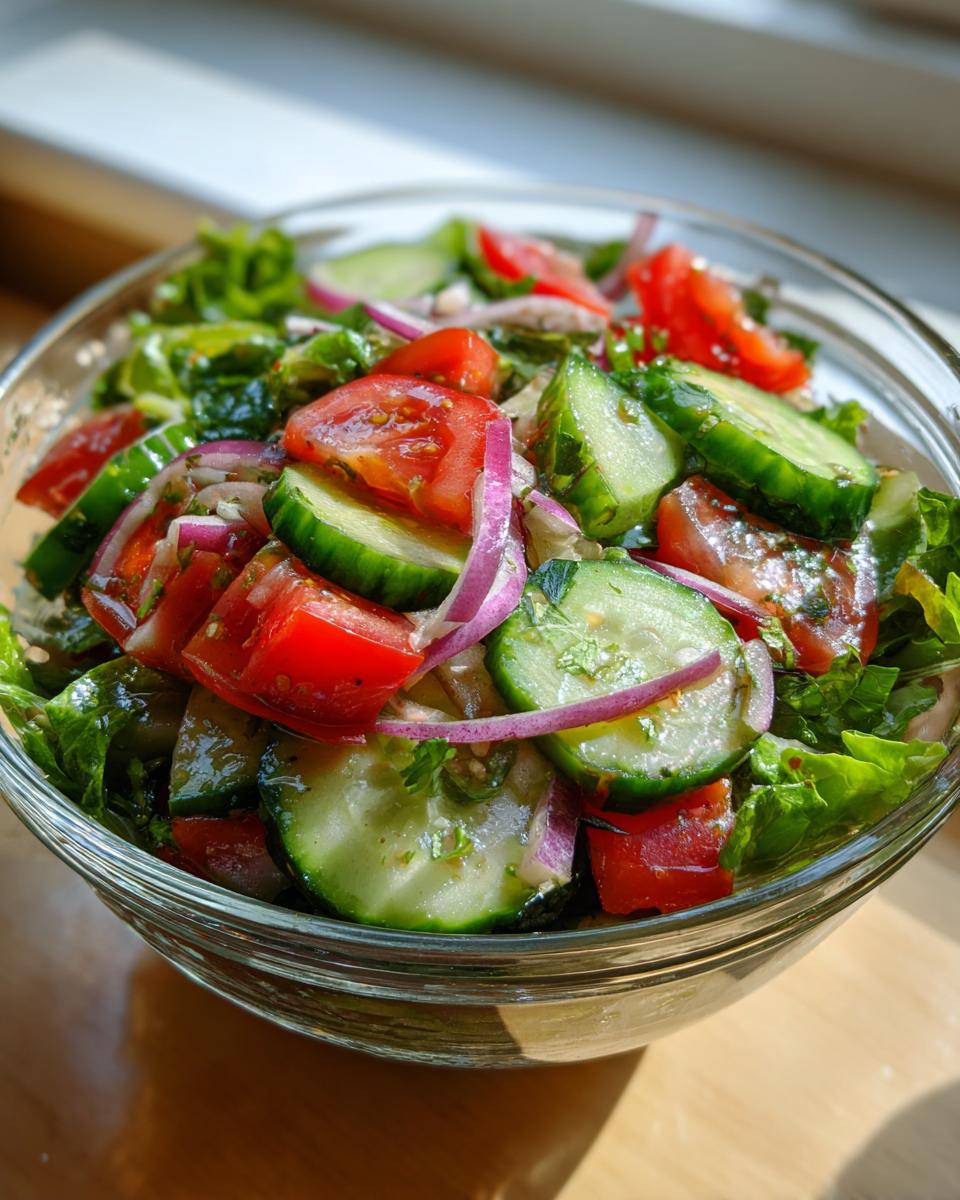 Bowl of simple garden salad with cucumber, tomato, red onion, and homemade vinaigrette