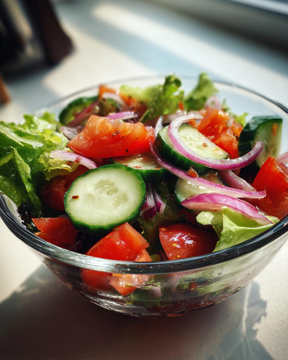 Bowl of simple garden salad with cucumber, tomato, red onion, and lettuce with vinaigrette