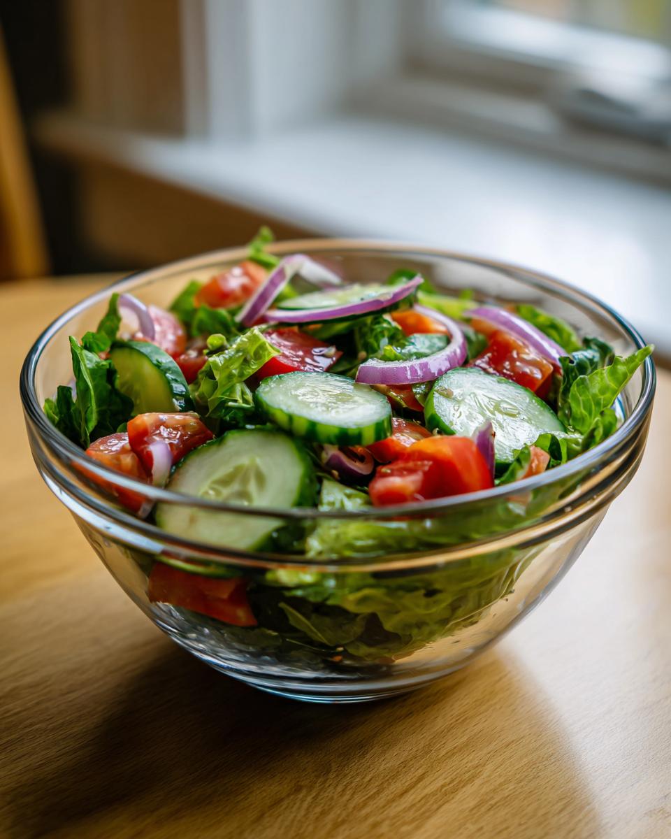 Glass bowl of simple garden salad with lettuce, cucumber, tomato, and red onion slices