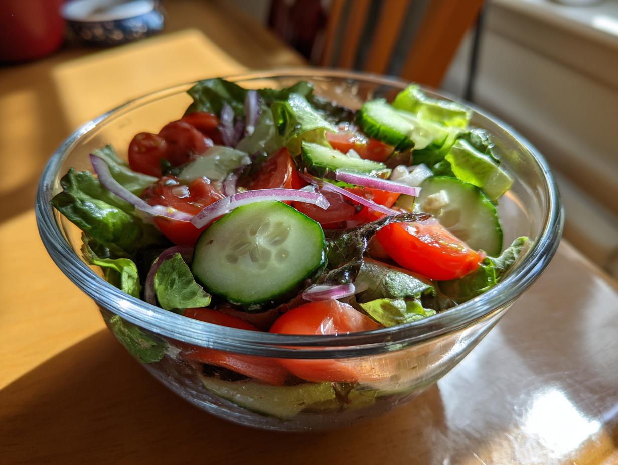 Fresh simple garden salad with homemade vinaigrette in a clear glass bowl on wooden table