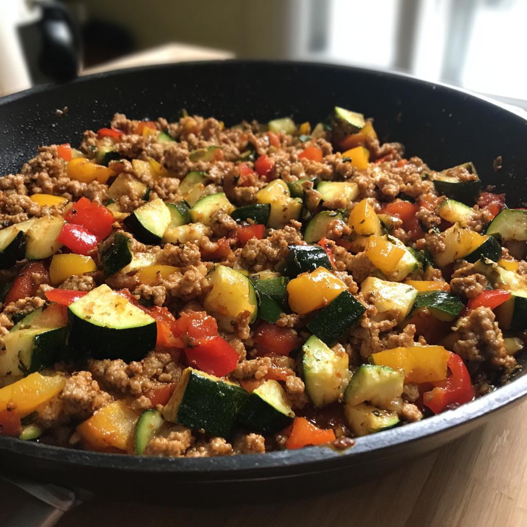 Close-up of simple turkey and veggie skillet dinner with ground turkey, zucchini, and bell peppers.