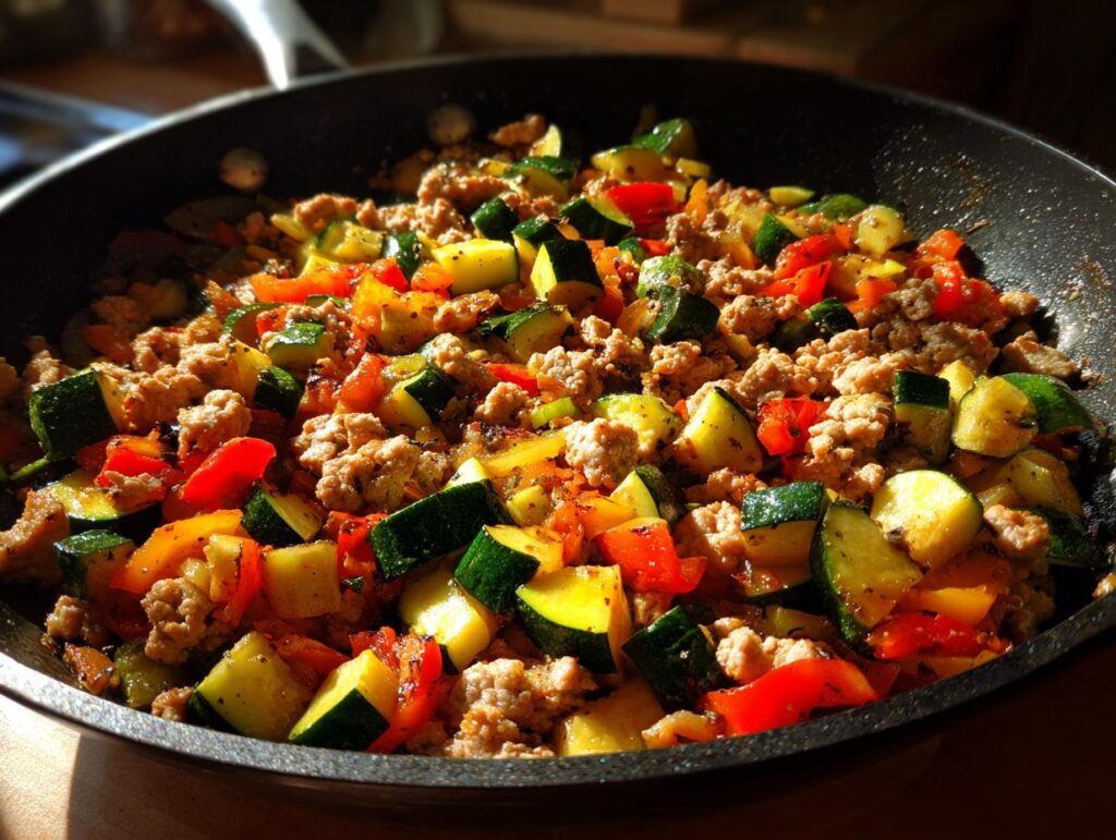 Skillet filled with simple turkey and veggie skillet dinner including zucchini, bell peppers, and ground turkey.