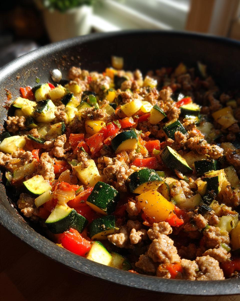 Close-up of simple turkey and veggie skillet dinner with ground turkey, zucchini, and bell peppers.