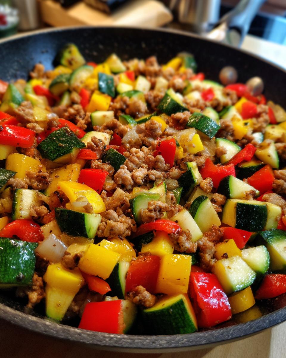 Skillet with simple turkey and veggie skillet dinner including zucchini, bell peppers, and ground turkey.