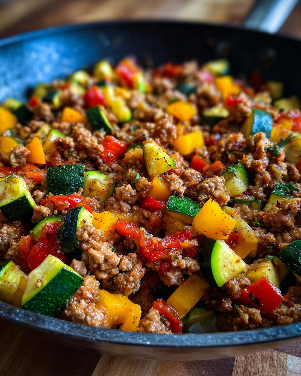 Close-up of simple turkey and veggie skillet dinner with ground turkey and colorful vegetables.