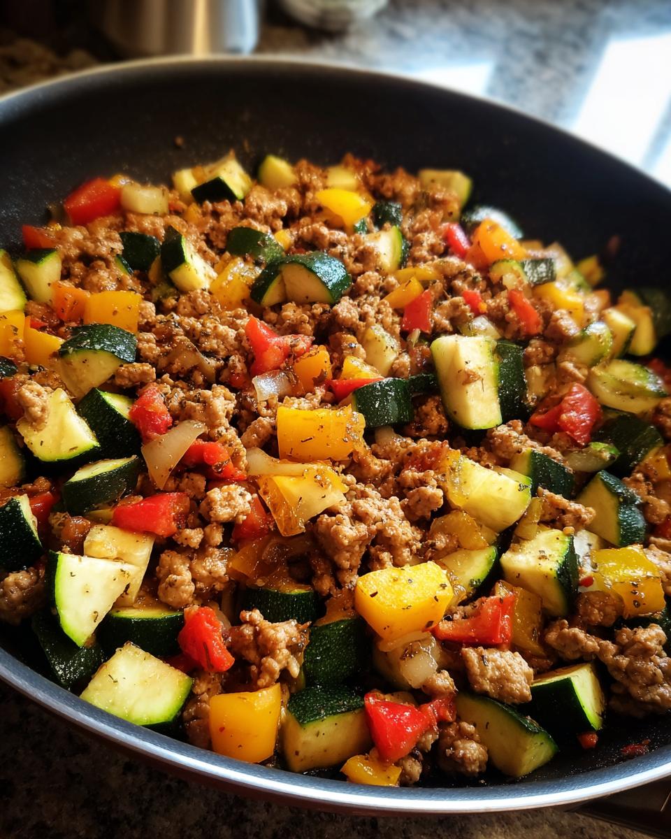 Skillet with simple turkey and veggie skillet dinner including zucchini, bell peppers, and ground turkey.