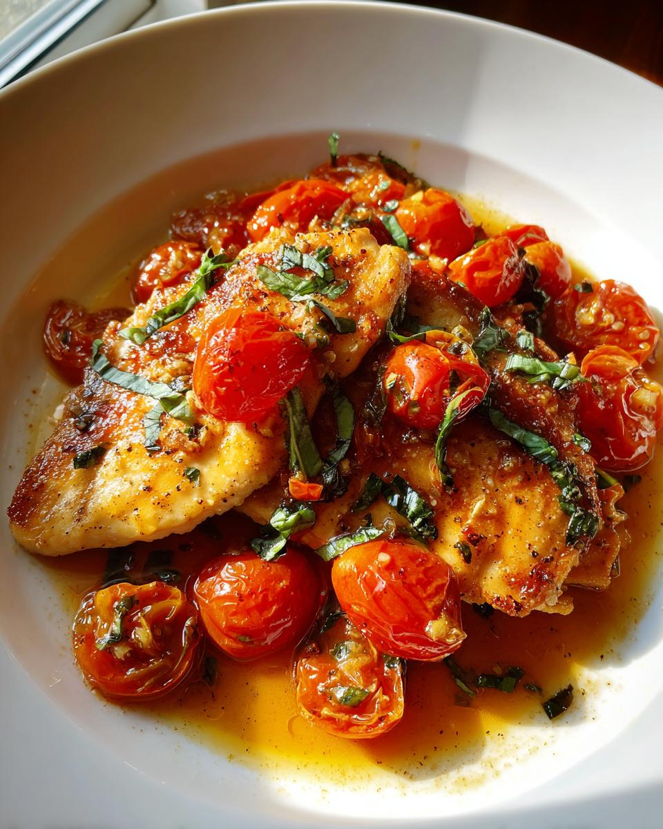 Juicy skillet chicken with tomatoes and basil in a white bowl, garnished with fresh basil.
