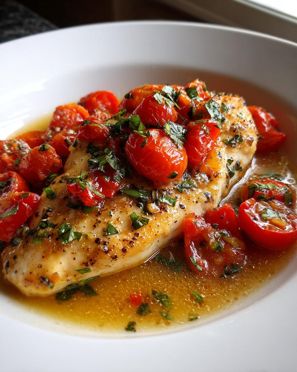 Juicy skillet chicken with tomatoes and basil in a white bowl with broth