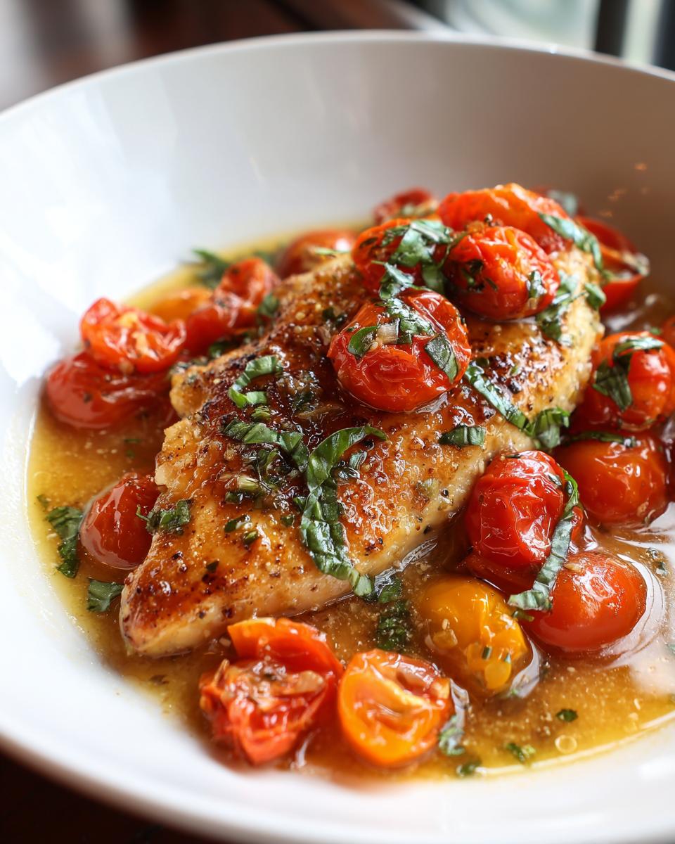 Juicy skillet chicken with tomatoes and basil served in a white bowl