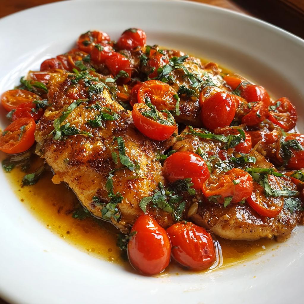 Juicy skillet chicken with tomatoes and basil garnished with fresh herbs on a white plate