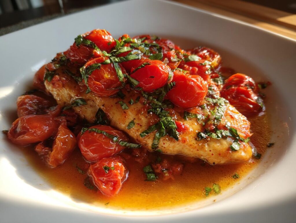 Skillet chicken with tomatoes and basil served in a white bowl with sauce
