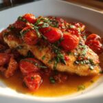 Skillet chicken with tomatoes and basil served in a white bowl with sauce