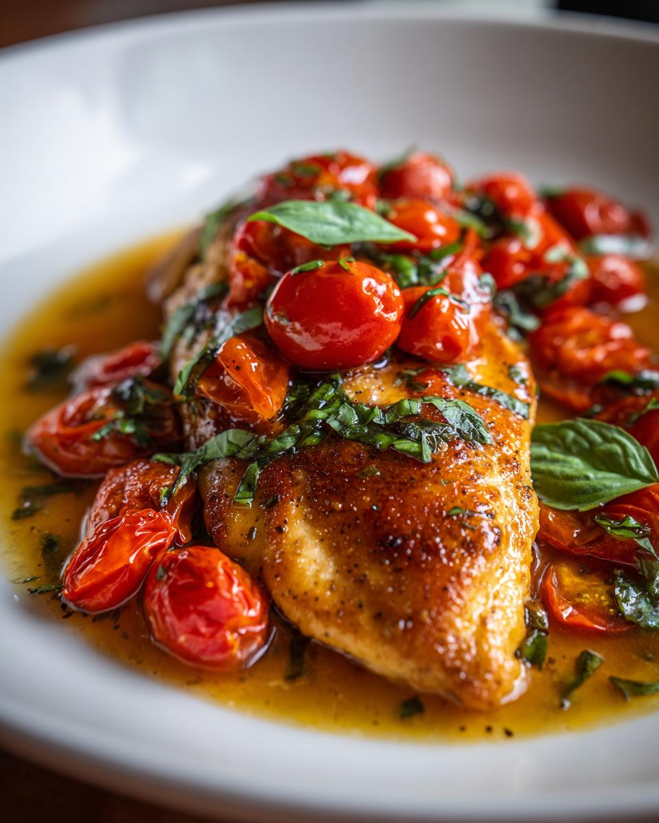 Close-up of skillet chicken with tomatoes and basil in a flavorful sauce on a white plate.