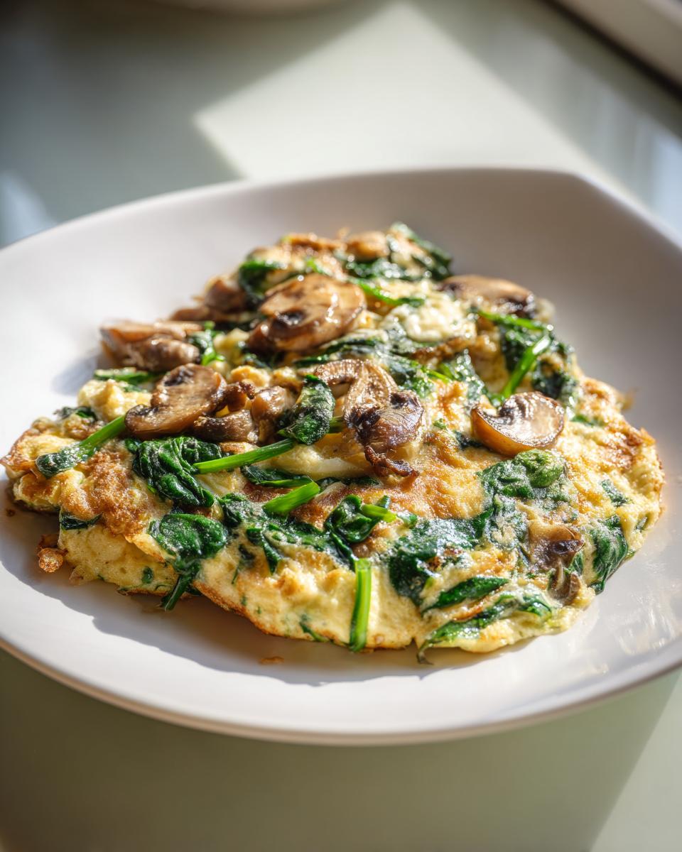 Close-up of spinach and mushroom egg white scramble served on a white plate.