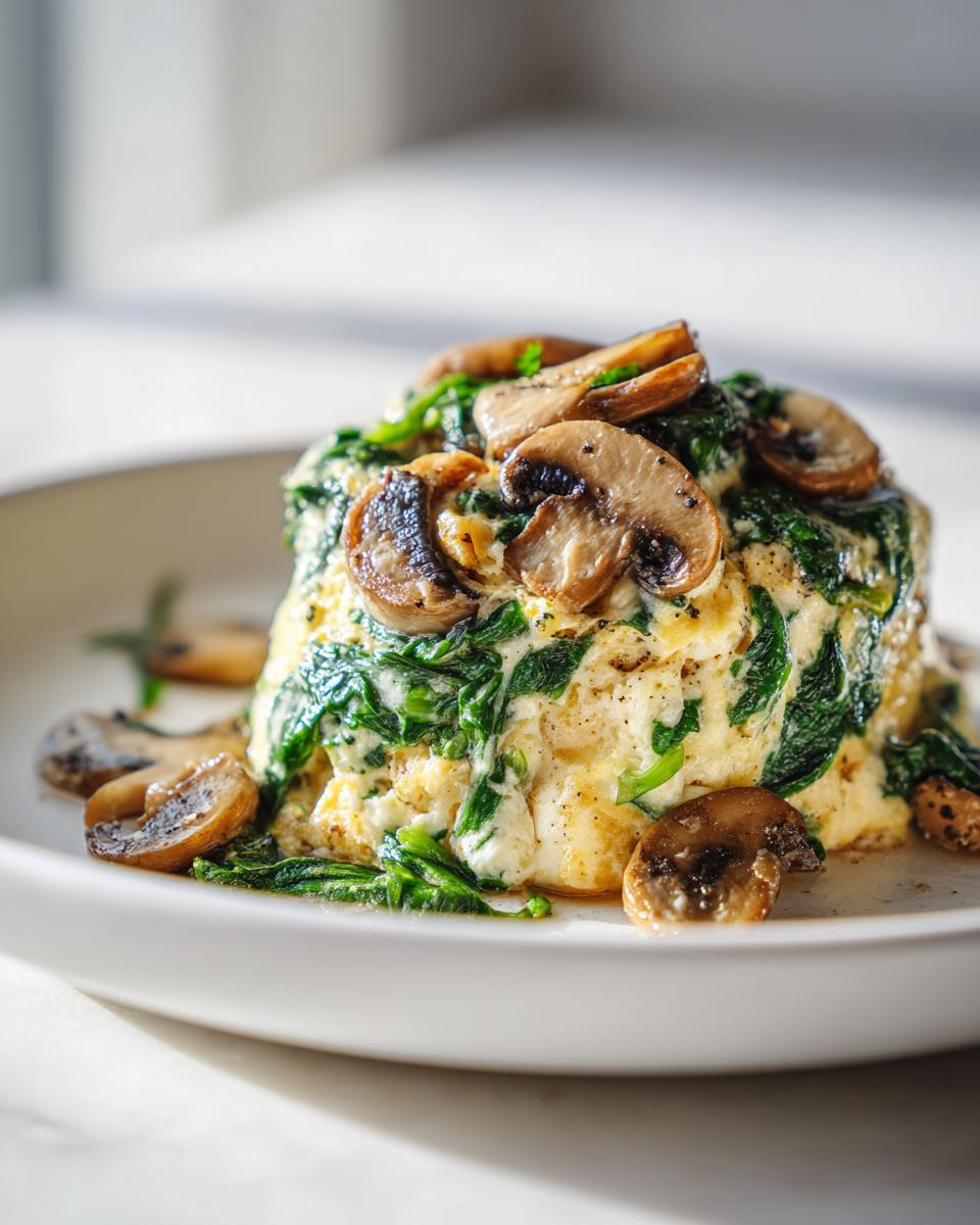 Close-up of a spinach and mushroom egg white scramble plated with sautéed mushrooms on top.