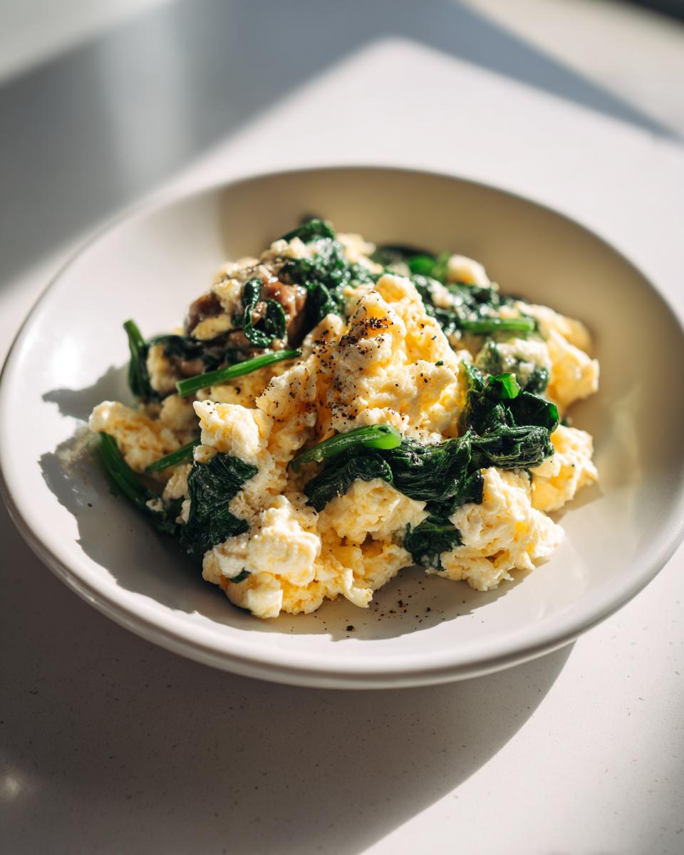 Plate of spinach and mushroom egg white scramble garnished with black pepper