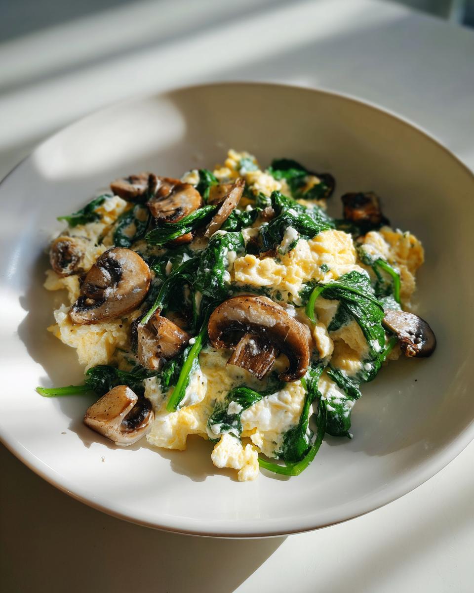 Plate of spinach and mushroom egg white scramble with sautéed mushrooms and fresh spinach