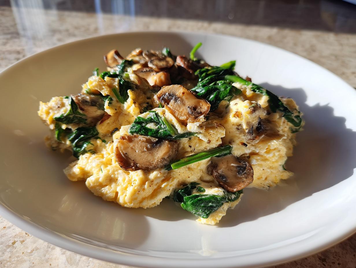 Plate with spinach and mushroom egg white scramble garnished with fresh spinach leaves
