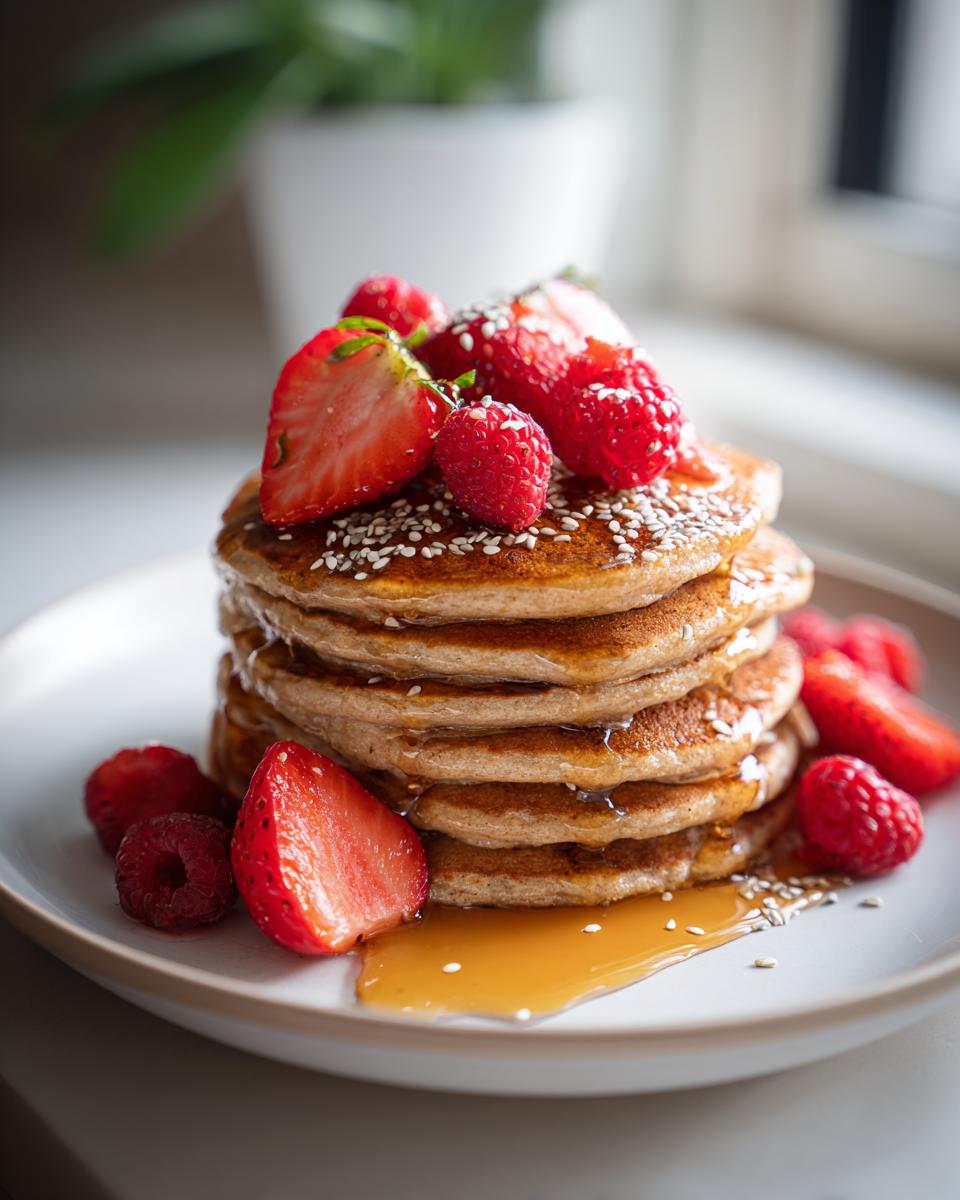 Stack of pancakes topped with strawberries, raspberries, sesame seeds, and syrup on a white plate.