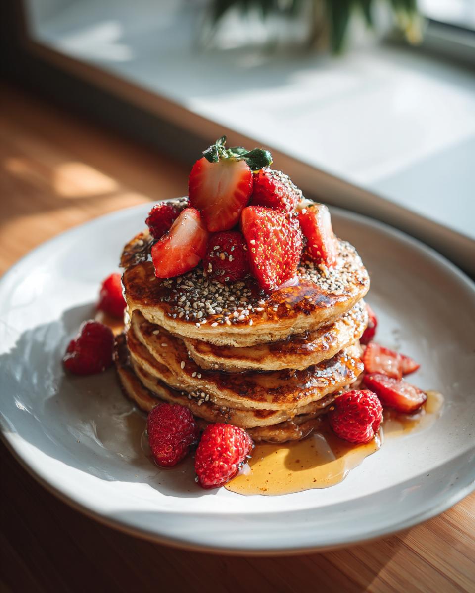 Stack of pancakes topped with fresh strawberries, raspberries, chia seeds, and syrup on a white plate.