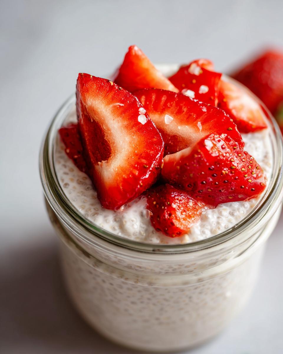 Close-up of strawberry vanilla chia seed pudding topped with fresh sliced strawberries in a glass jar.
