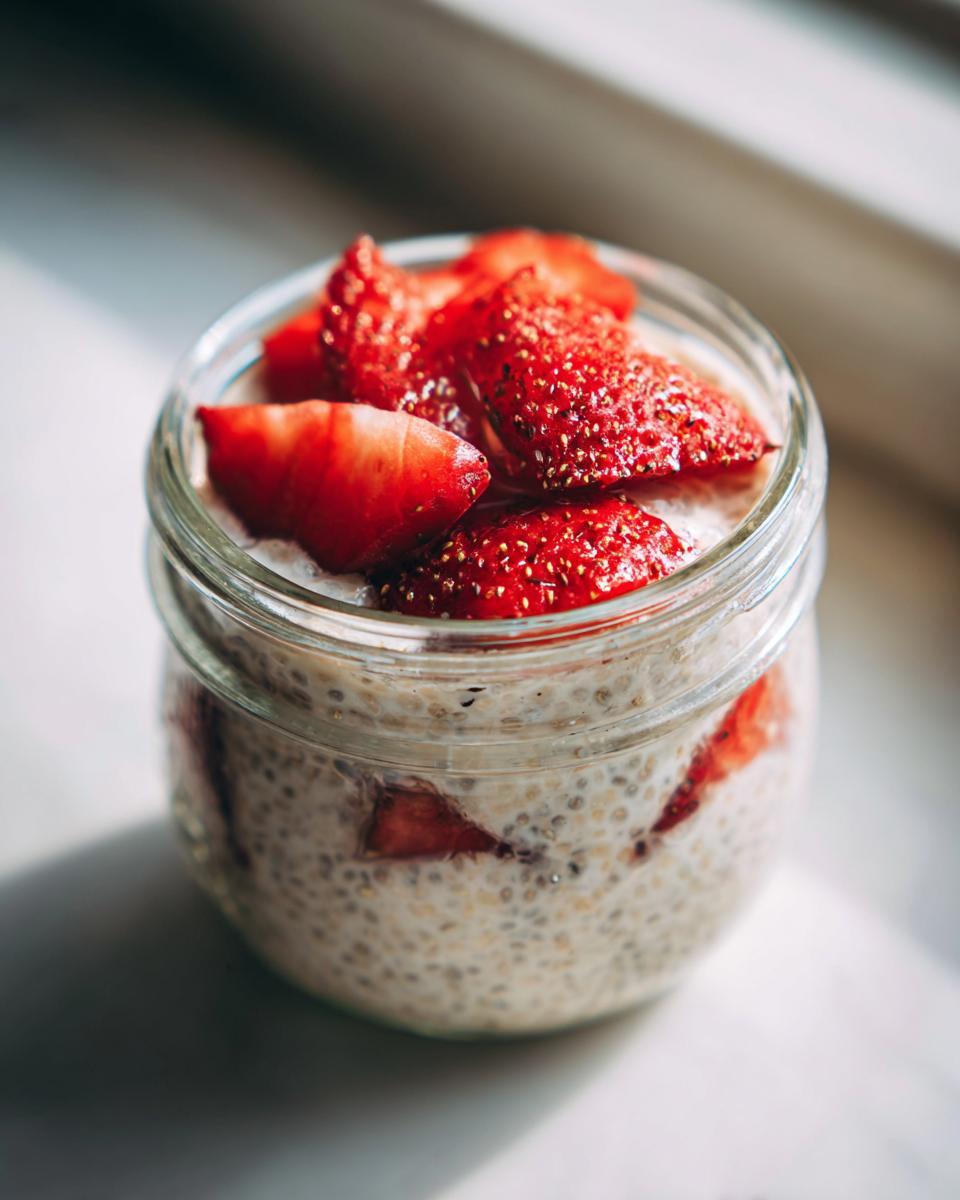 Glass jar filled with strawberry vanilla chia seed pudding topped with fresh strawberry slices