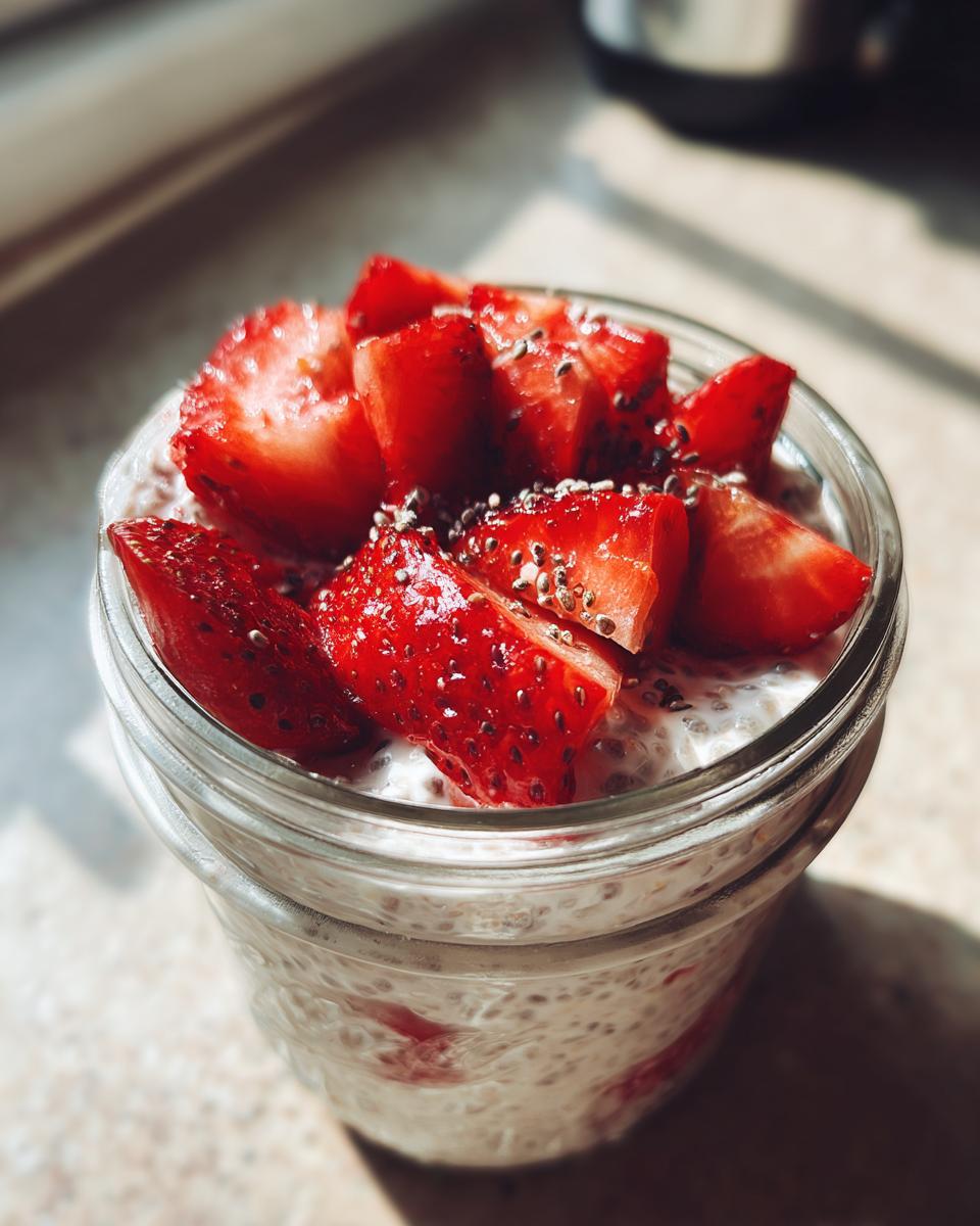 Glass jar filled with strawberry vanilla chia seed pudding topped with fresh strawberry slices.