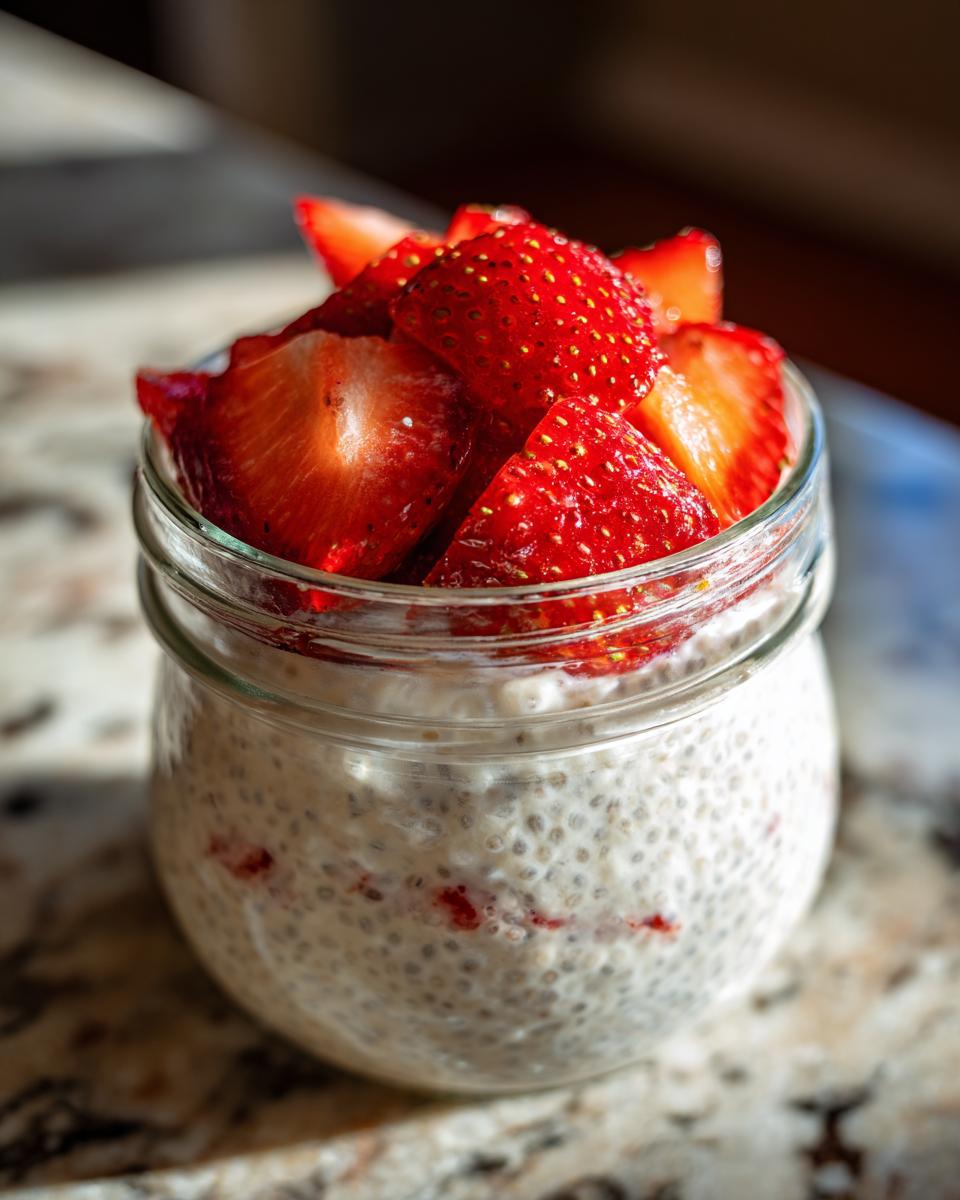 Glass jar filled with strawberry vanilla chia seed pudding topped with fresh sliced strawberries