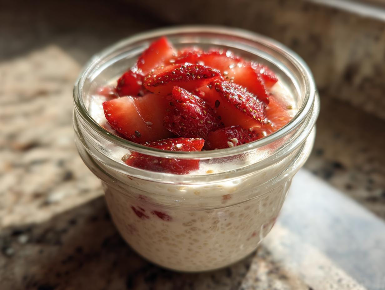 Glass jar filled with strawberry vanilla chia seed pudding topped with fresh sliced strawberries.
