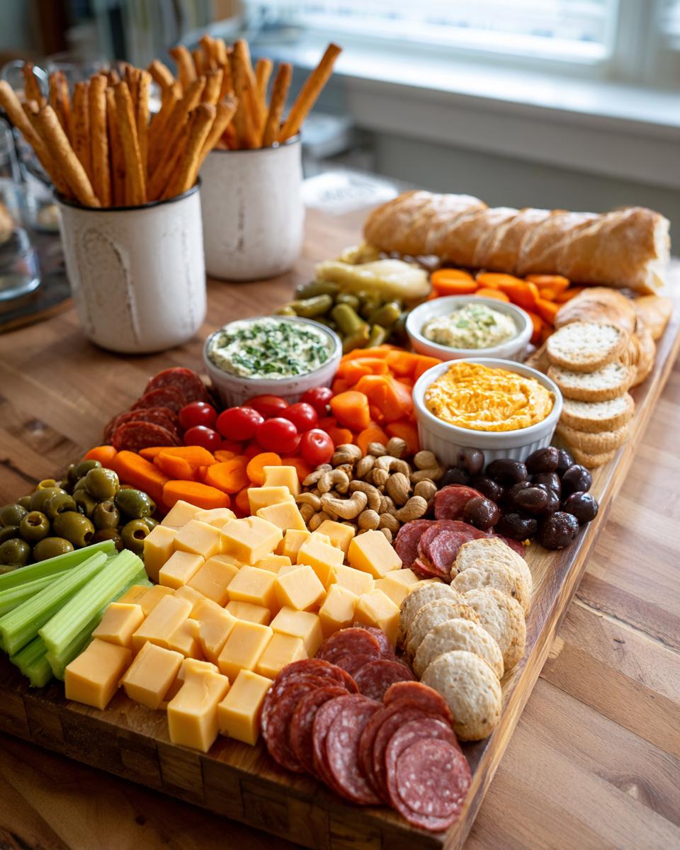 Super bowl snack board for a crowd with cheese cubes, sliced meats, olives, crackers, dips, and vegetables.