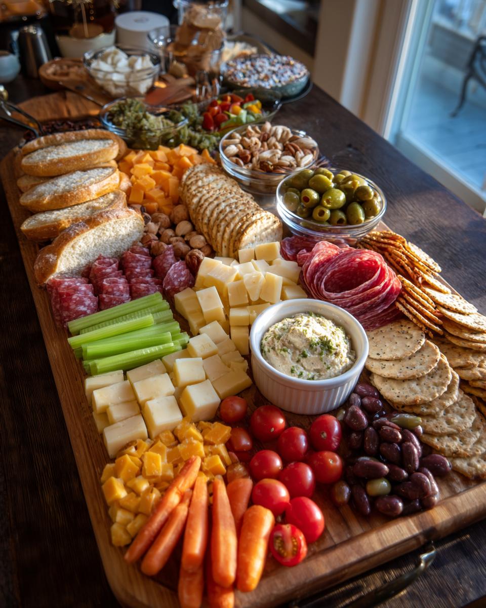 A super bowl snack board for a crowd with assorted cheeses, crackers, meats, vegetables, and dips.
