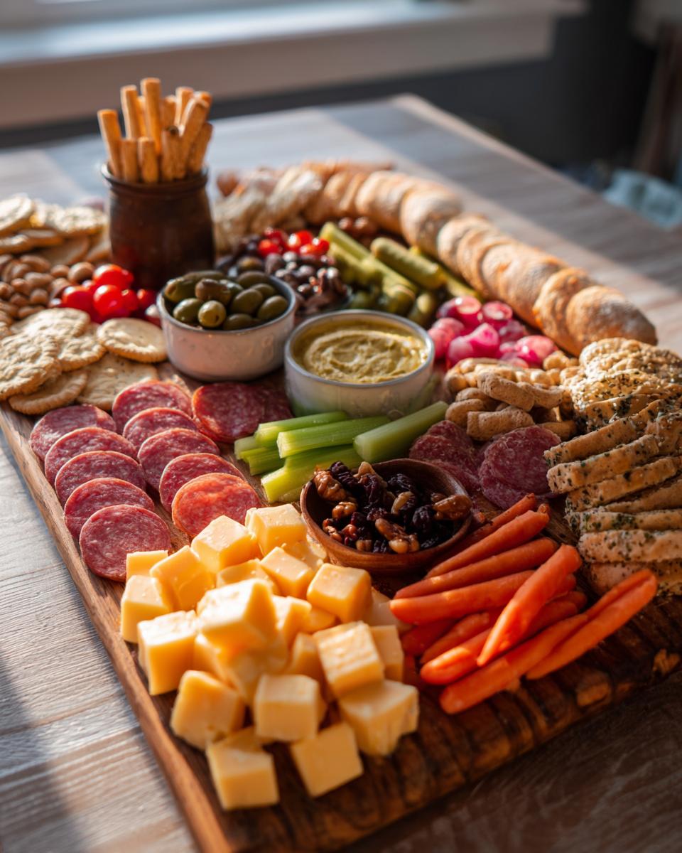 Wooden board with cheese cubes, salami, carrots, celery, olives, crackers, and dip for super bowl snack board for a crowd