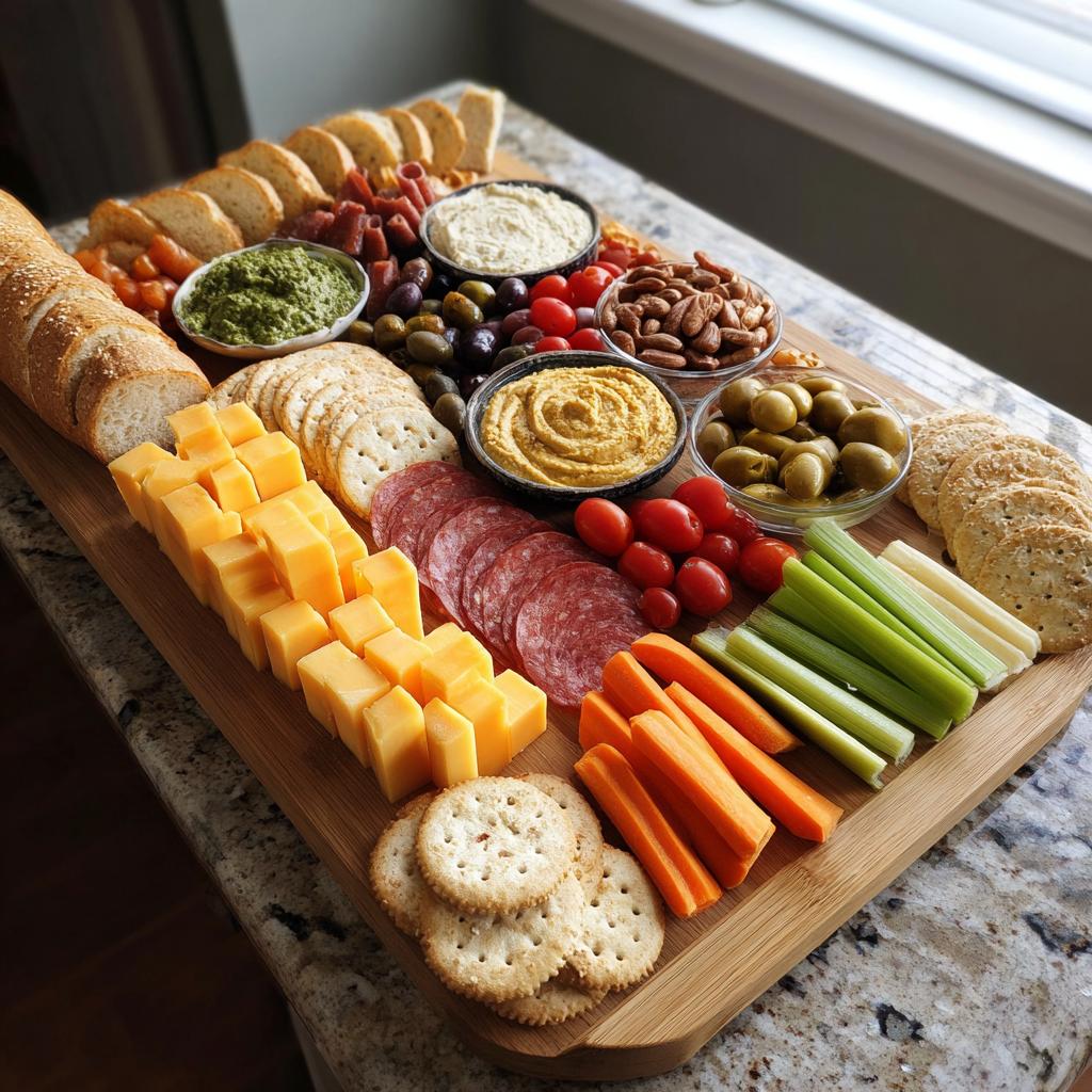 Super bowl snack board for a crowd with cheese, crackers, veggies, dips, nuts, and meats on wooden board.