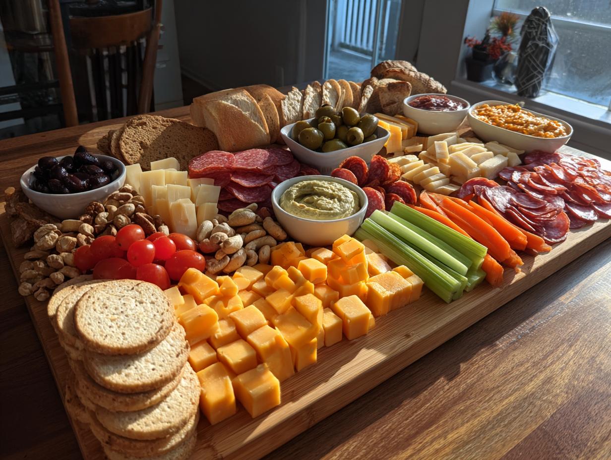 Large super bowl snack board for a crowd with cheese cubes, sliced meats, crackers, vegetables, and dips.