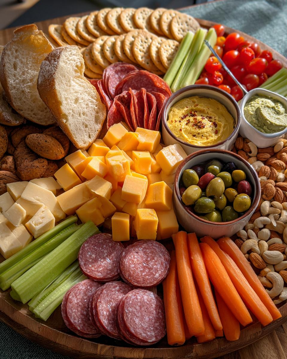 Super bowl snack board for a crowd with cheese cubes, salami, crackers, vegetables, nuts, and dips.