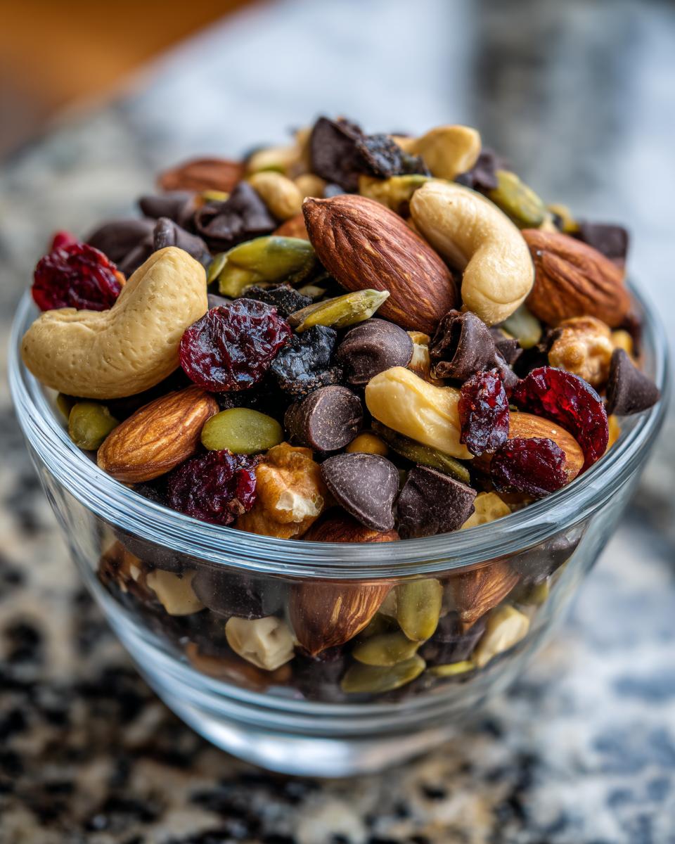 Close-up of trail mix energy snack with nuts and seeds including almonds, cashews, pumpkin seeds, dried cranberries, and chocolate chips
