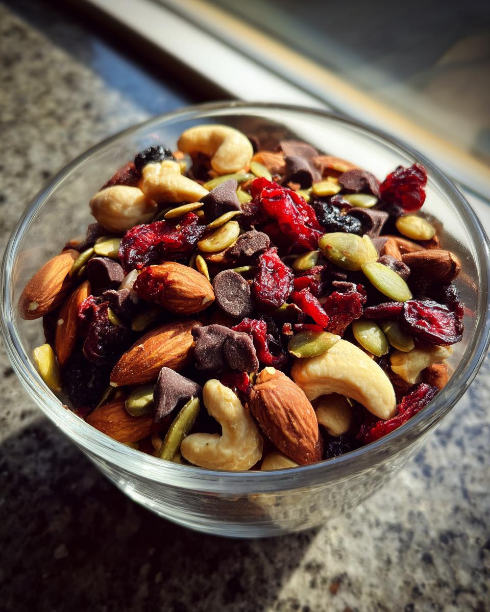 Close-up of trail mix energy snack with nuts, seeds, dried cranberries, and chocolate chips in a glass bowl.