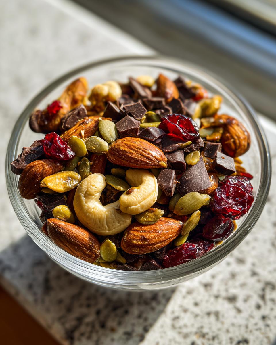 Close-up of trail mix energy snack with nuts, seeds, dried cranberries, and chocolate chunks in a glass bowl.