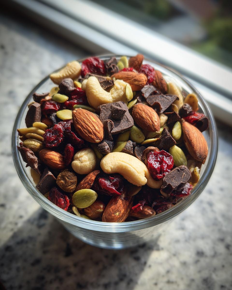 Close-up of trail mix energy snack with nuts, seeds, dried cranberries, and chocolate chunks in a glass bowl.