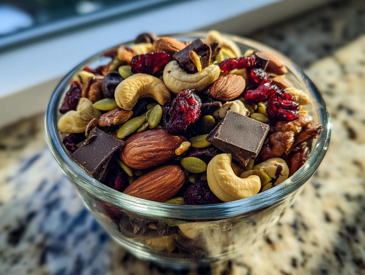 Close-up of trail mix energy snack with nuts, seeds, dried cranberries, and chocolate chunks in a glass bowl.