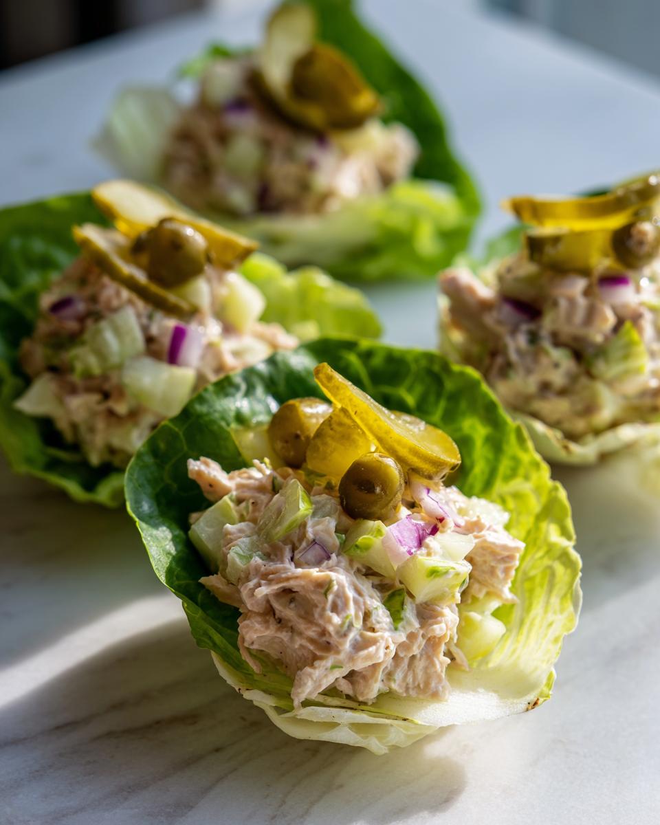 Tuna salad lettuce cups with pickles on a marble surface, garnished with diced onions and celery.